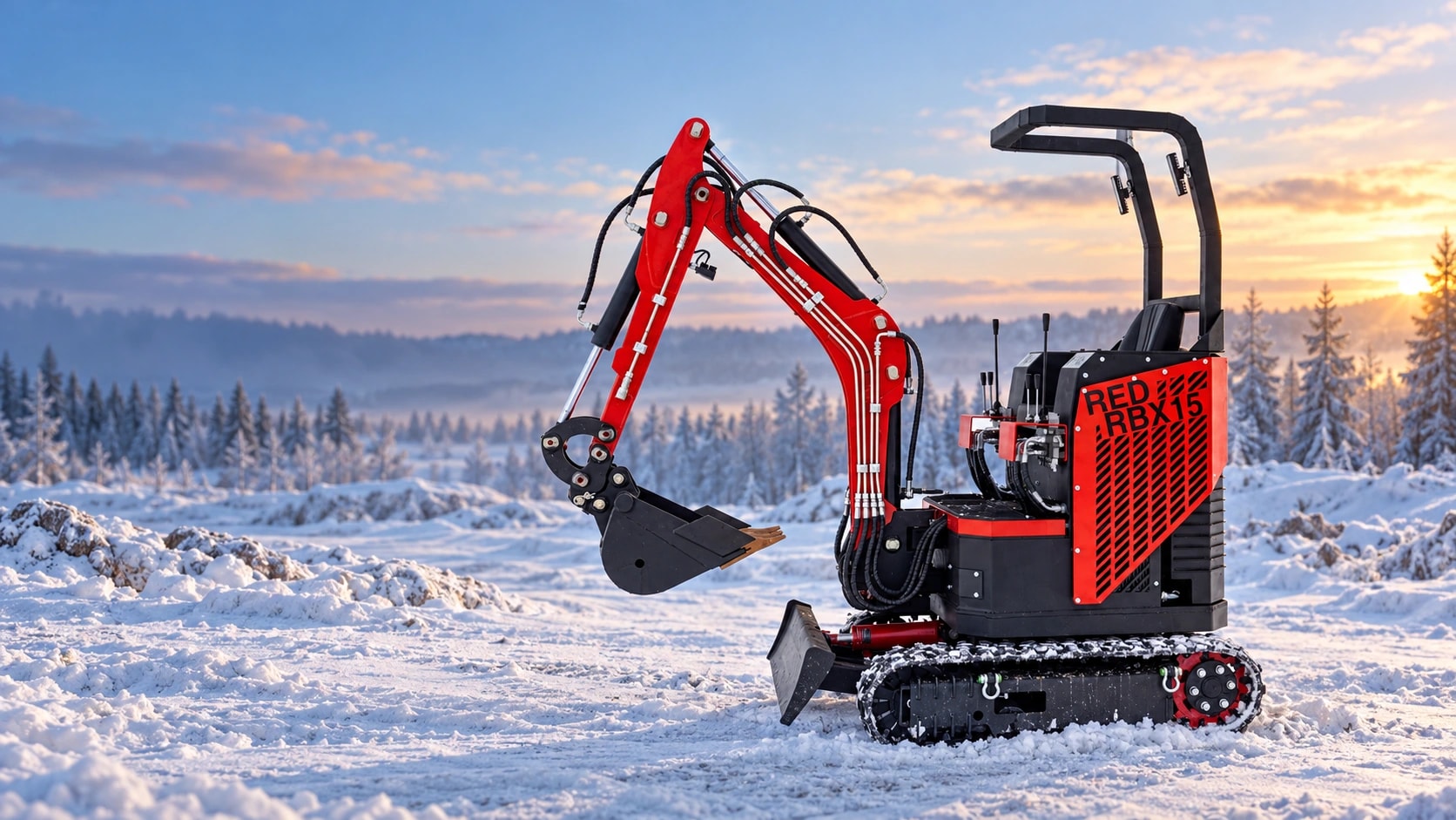 Мини-экскаватор RED RBX-15 на заснеженной площадке