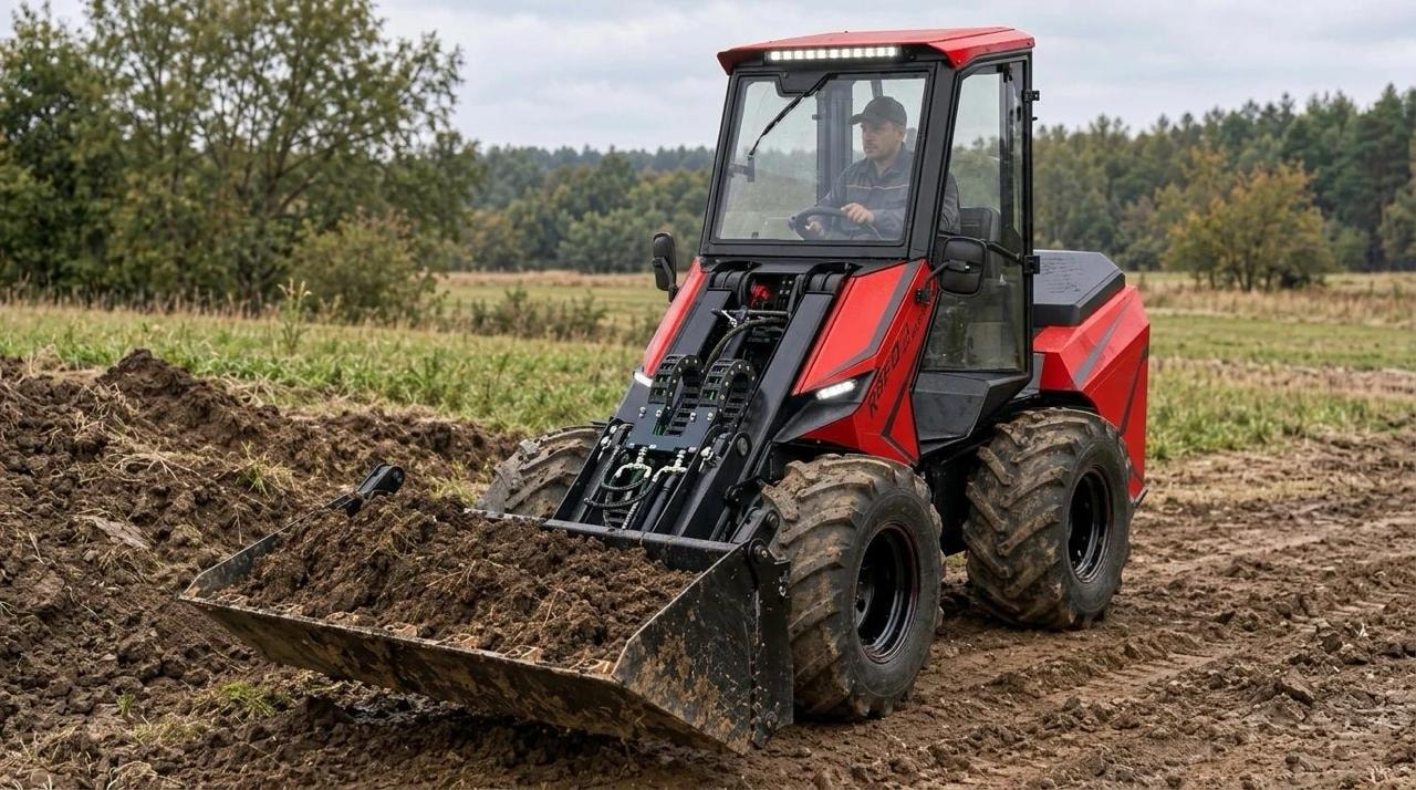 RED MAX на грунтовой площадке с заполненным ковшом
