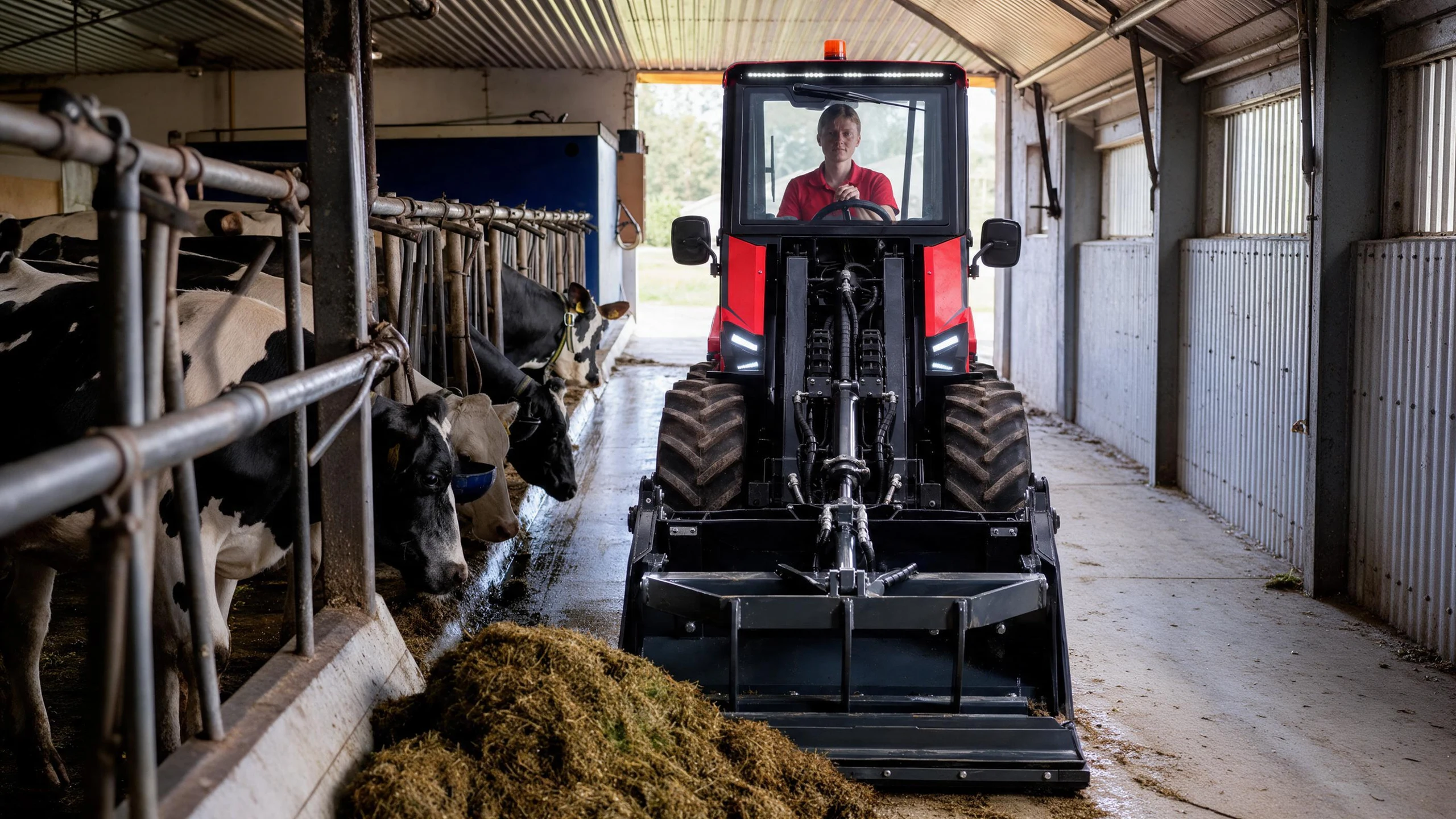 Погрузчик RED раздаёт корм скоту на молочной ферме
